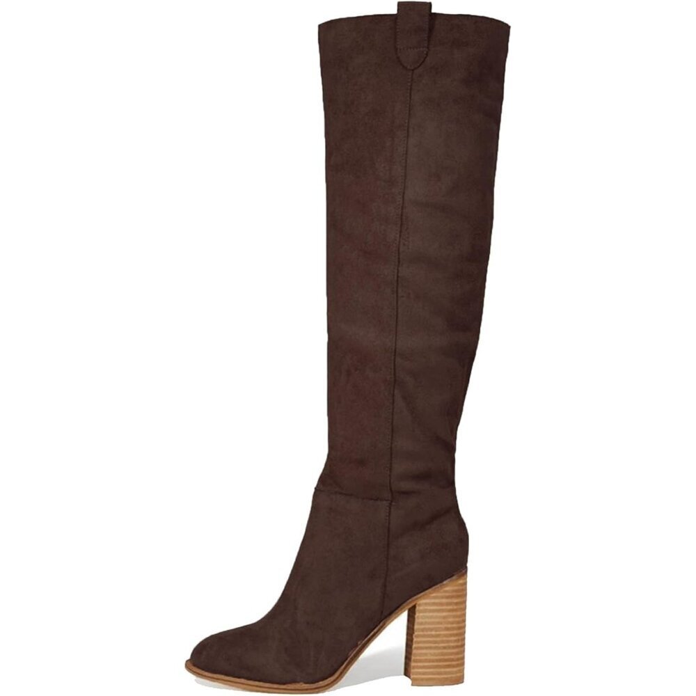 Women's 1 Chocolate Suede Knee-high Boots Fall Boot Chunky Block High Heel